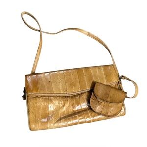 Vintage 1970s Tan Eel Skin Crossbody Bag & Coin Wallet Purse Set Exotic Leather